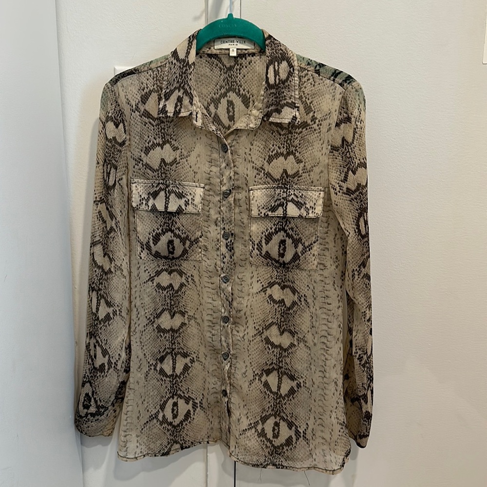 Snakeskin print sheet button down blouse